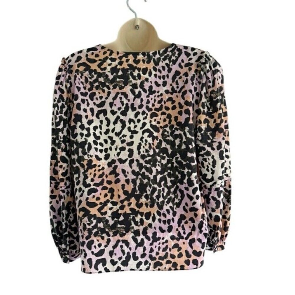 Veronica Beard Woman's Sz 2 Lety Leopard Animal Print Watercolor Silk Blouse - Picture 5 of 8